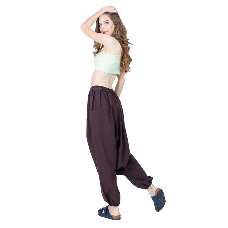CandyHusky Women Cotton Harem Pants Casual Elastic Waist Boho Pants ComfortSoft - Dark Brown - Image 3